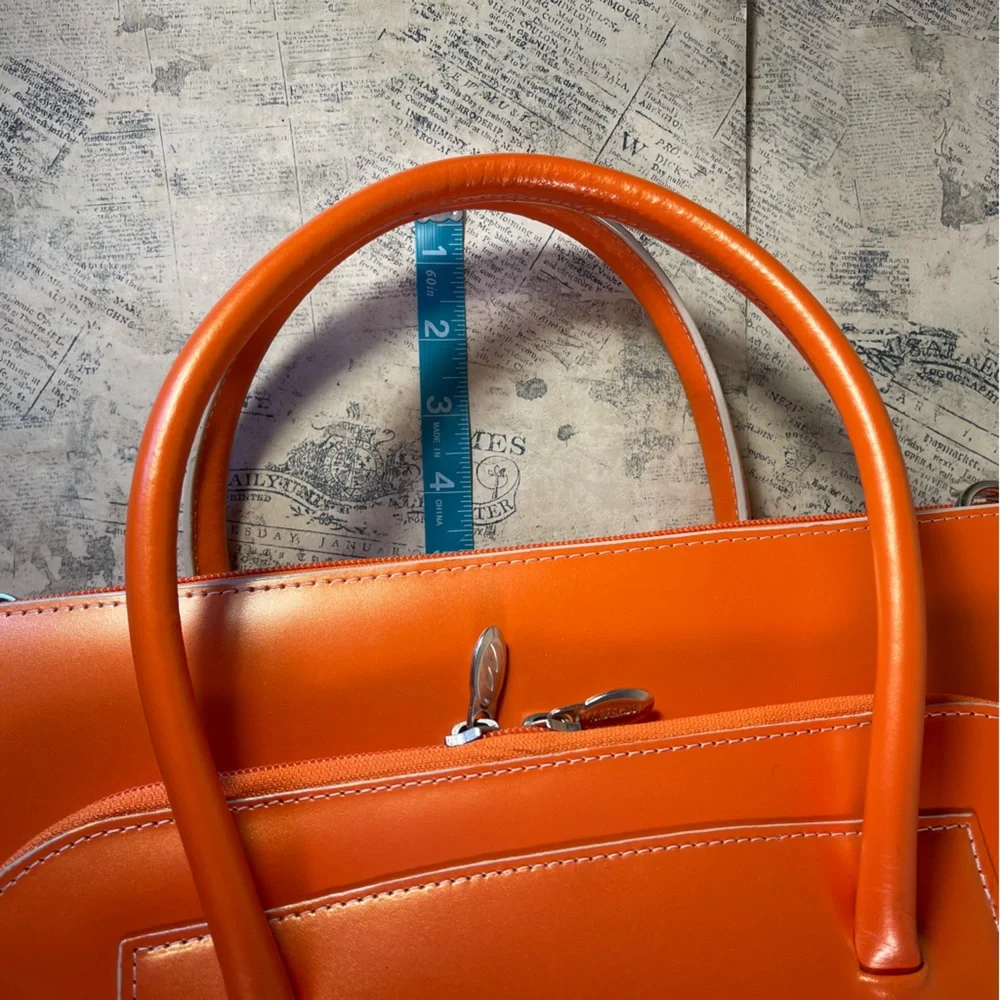 Structured Orange Leather Laptop Tote Bag with Double Handles